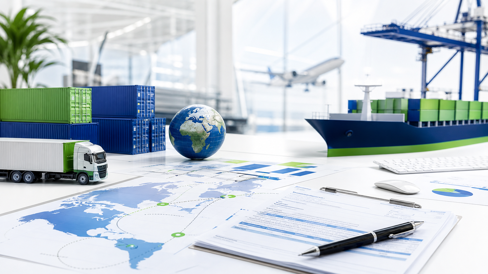 Import and export logistics photo with cargo, trade documents, and global route planning